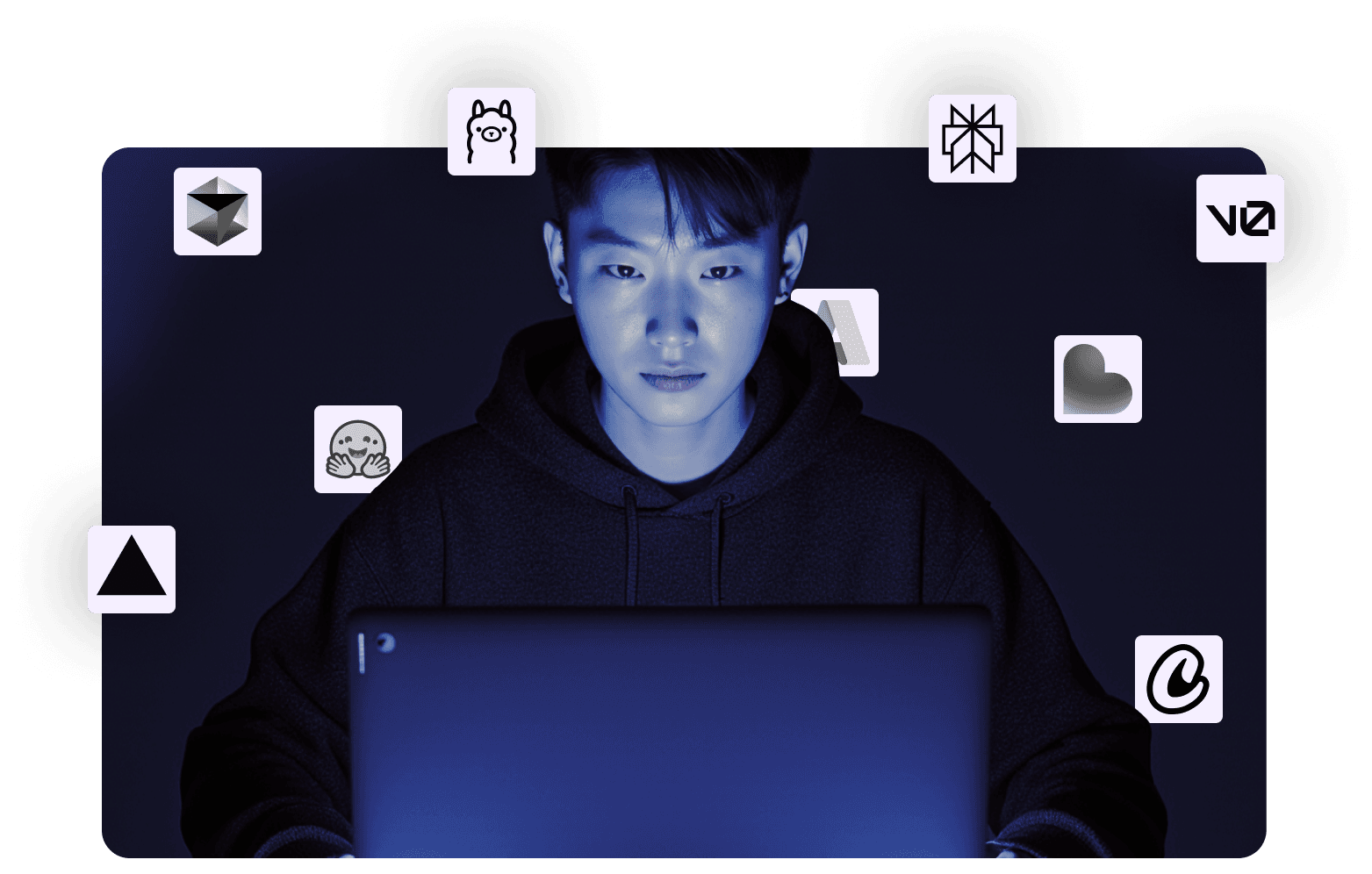 Professional woman working at computer in blue-lit environment