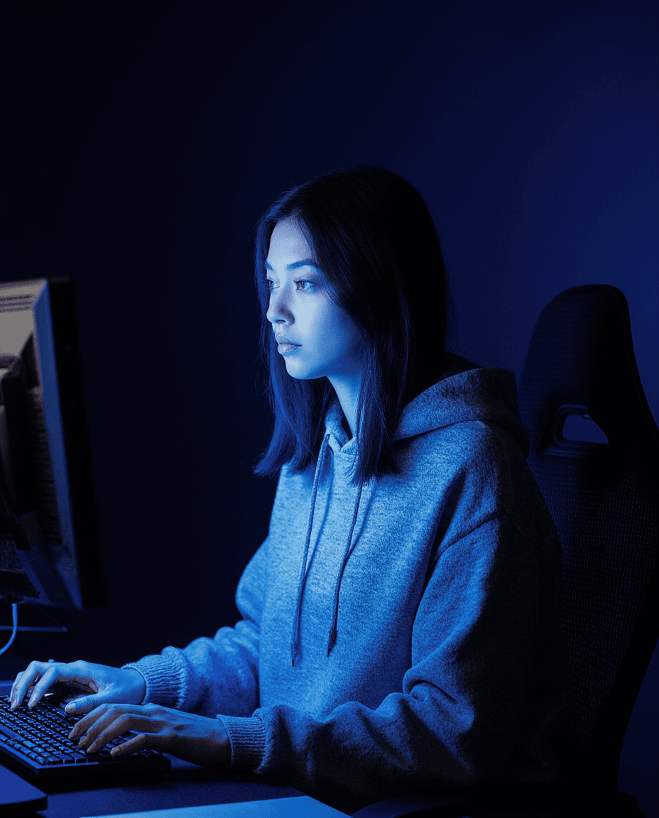 Professional woman working at computer in blue-lit environment
